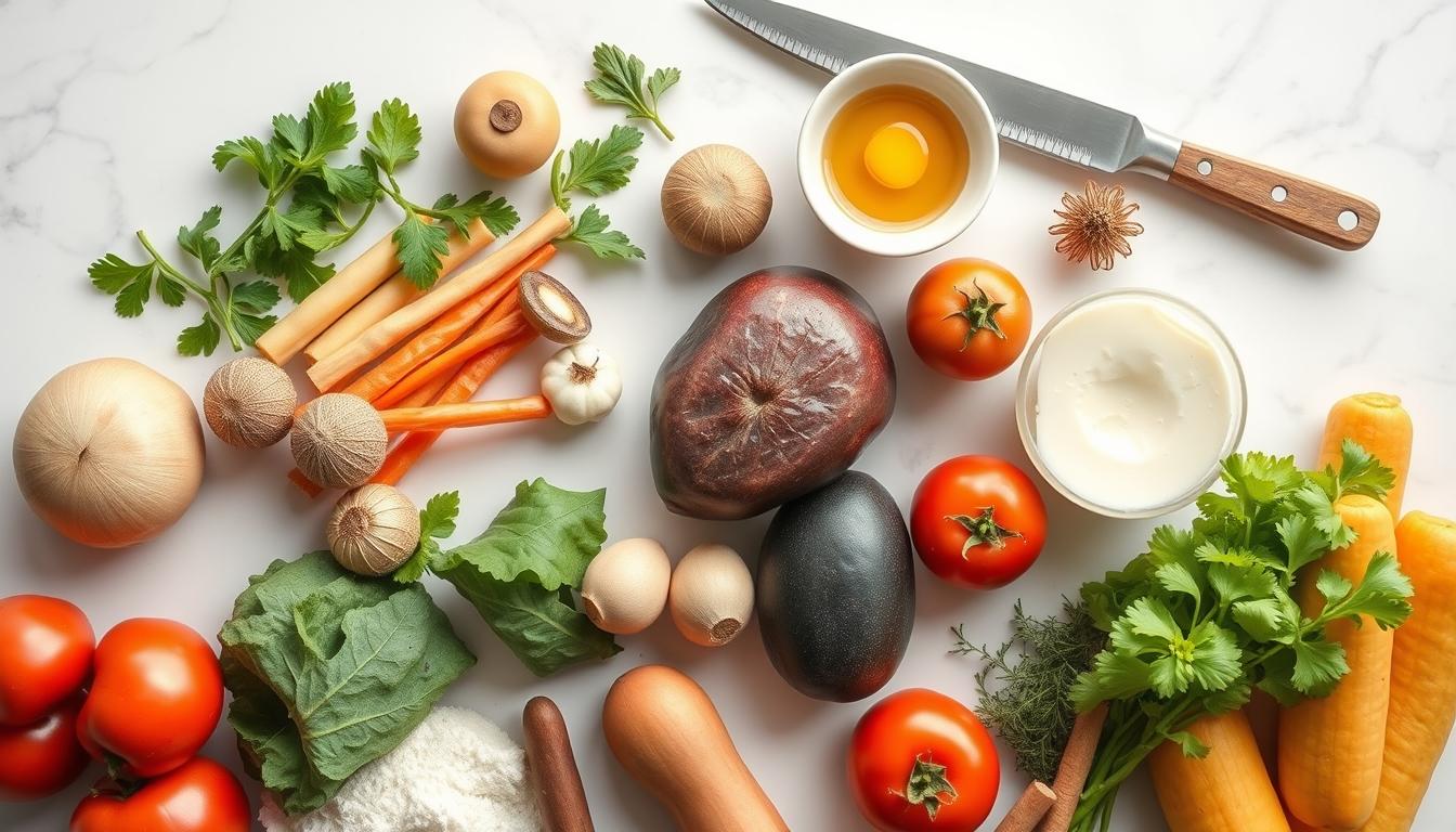 Fresh seasonal ingredients arranged for home cooking